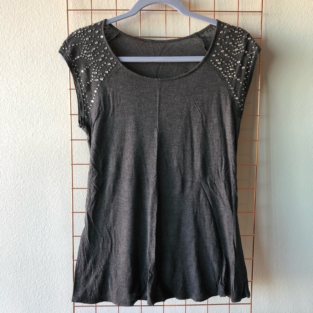 Philosophy | Grey Rhinestone Sleeved Tee